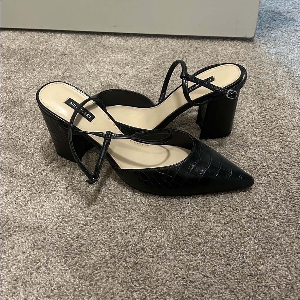 Nine West Black Croc-Embossed Strappy Heels